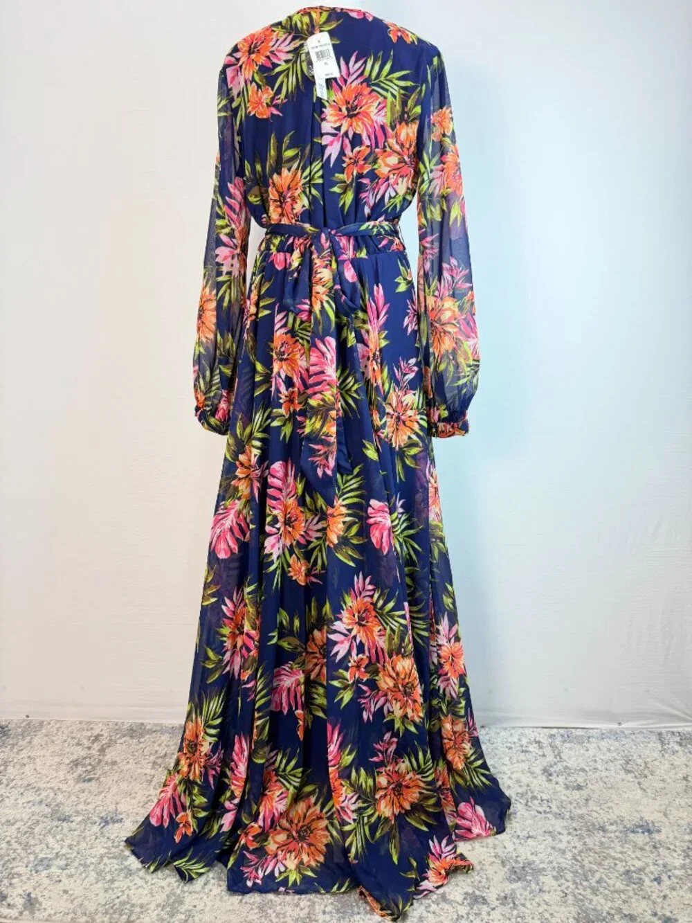 Renn Womens XL Tropical Floral Maxi Dress Blue Long Sleeve Belted NWT - Picture 3 of 16